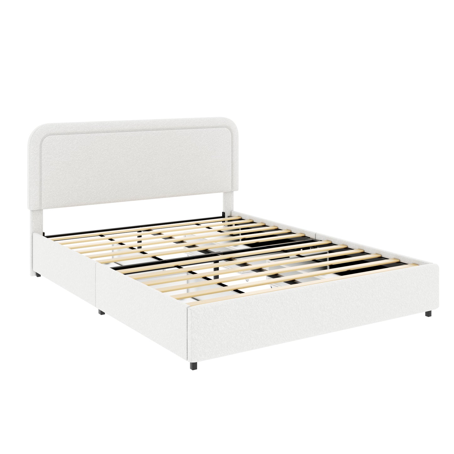 Same as B083119690 Liv Queen Size Ivory Boucle Upholstered Platform Bed with Patented 4 Drawers Storage, Curved Stitched Tufted Headboard, Wooden Slat Mattress Support, No Box Spring Needed