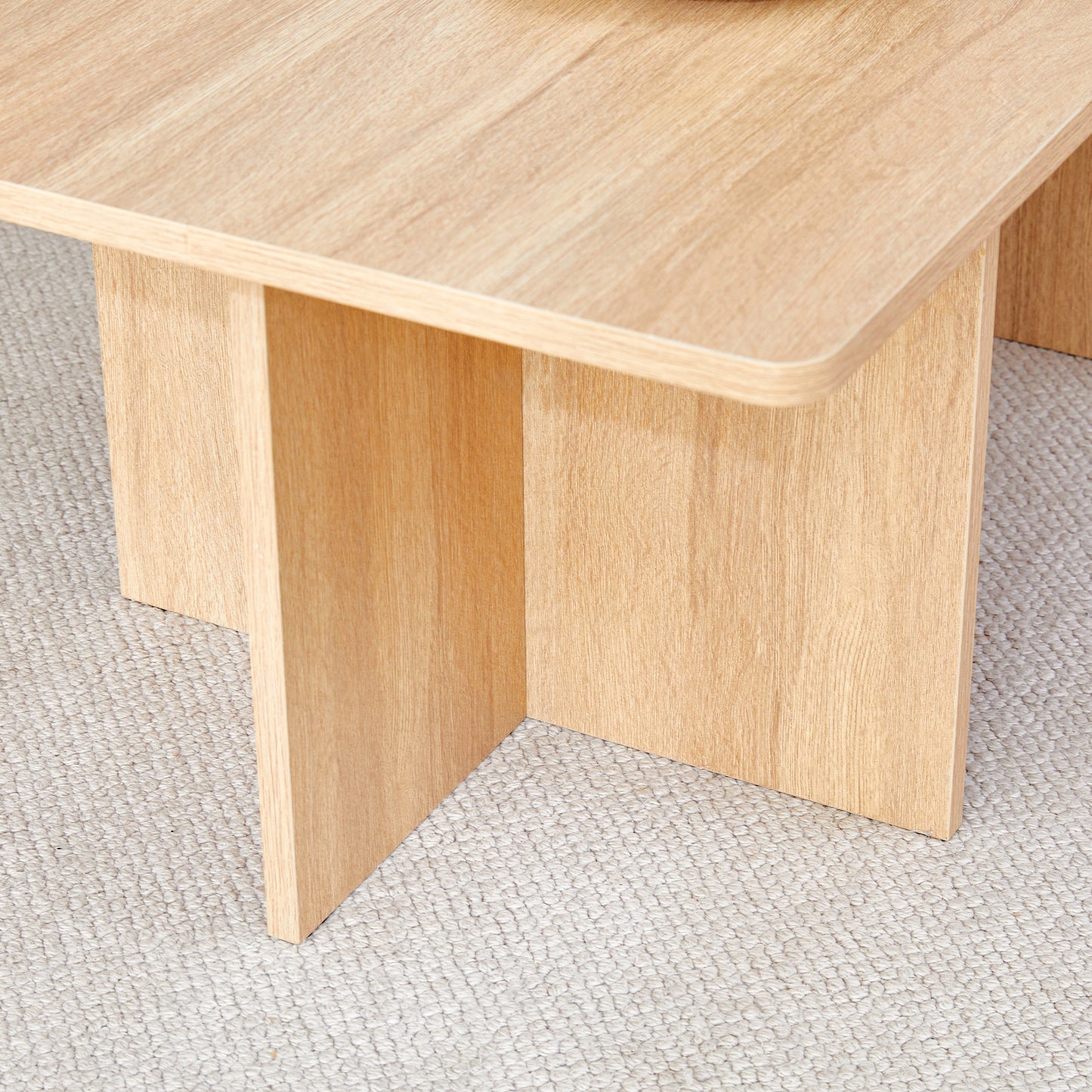 A wood colored coffee table.