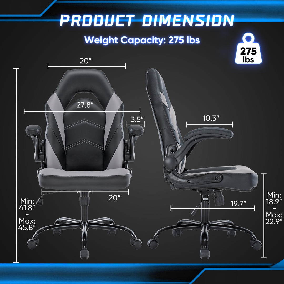 Gaming Chair - PU Leather Computer Chair Ergonomic Office Chair with Lumbar Support, Height Adjustable Rolling Desk Chairs with Flip-up Armrests