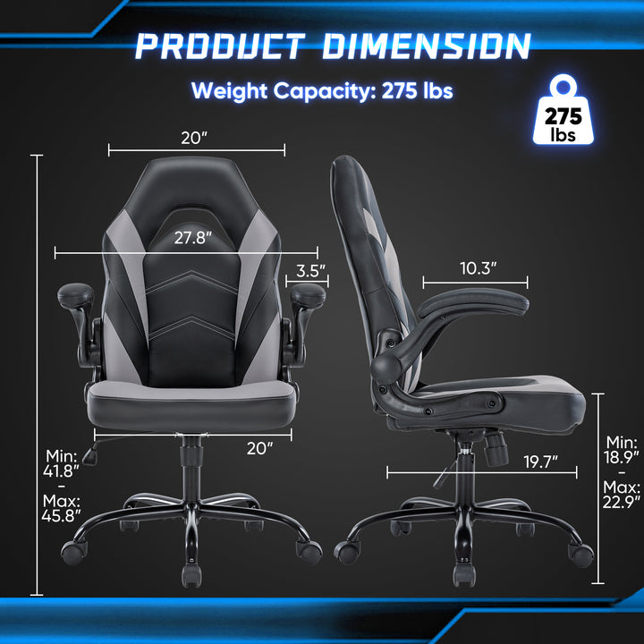 Gaming Chair - PU Leather Computer Chair Ergonomic Office Chair with Lumbar Support, Height Adjustable Rolling Desk Chairs with Flip-up Armrests