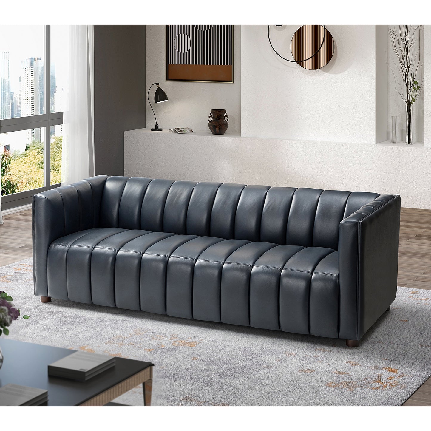 83" Genuine Leather Sofa-NAVY