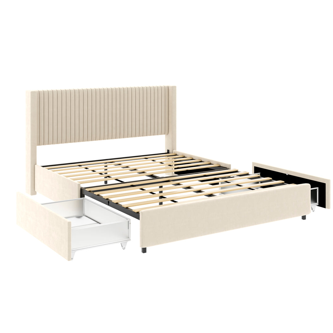 2-Drawer Storage Bed Queen Size Wooden Slat Mattress Support No Box Spring Needed