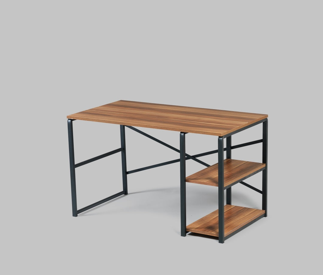 Store Sage Black Metal Frame 47" Wooden Top 2 Shelves Writing and Computer Desk for Home Office, Walnut