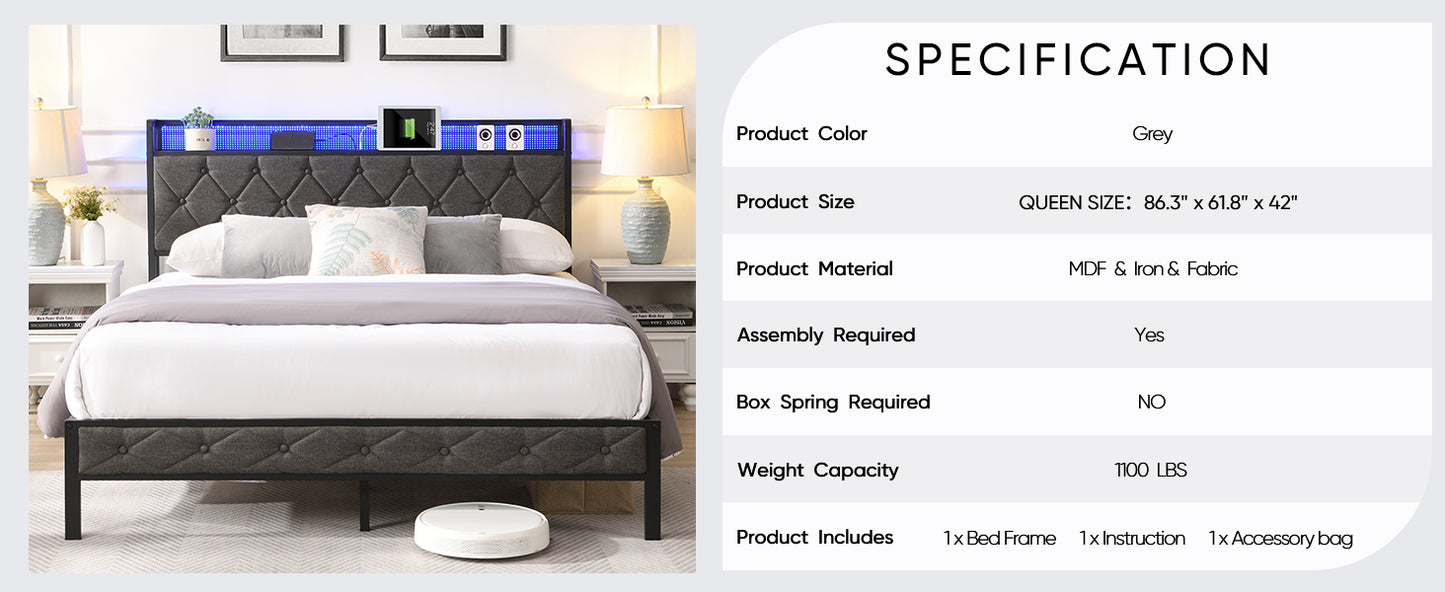 Queen Bed Frame with Storage Headboard, Charging Station and LED Lights, Dark Gray