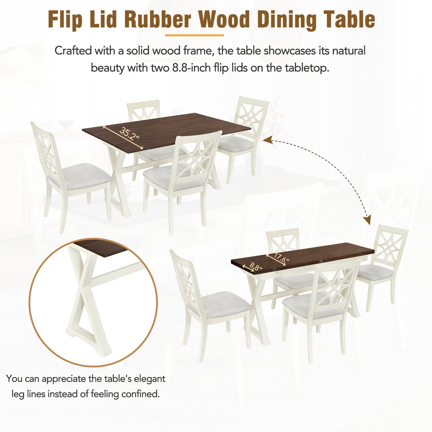 5-Piece 62*35.2inch Extendable Rubber Wood Dining Table Set with X-shape