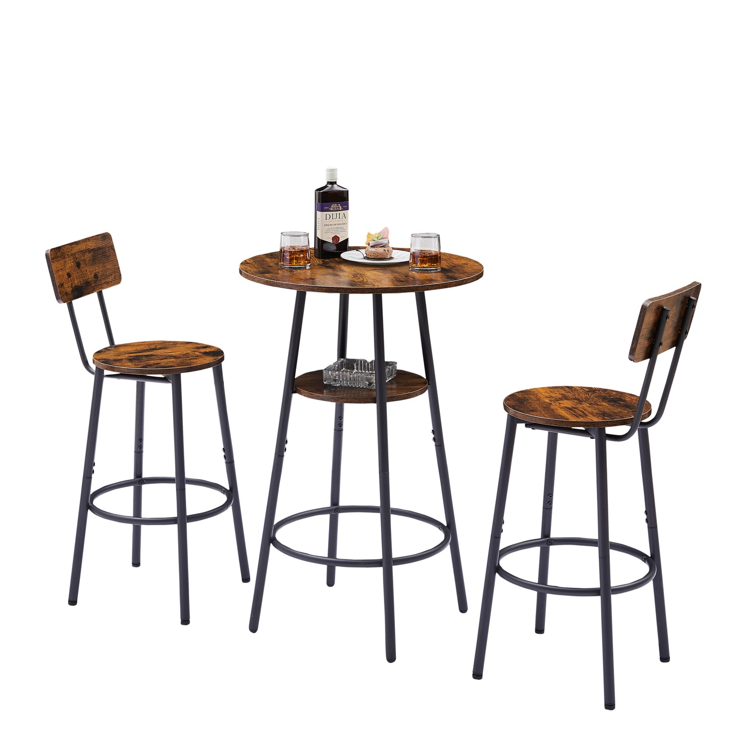 Round bar stool set with shelves, stool with backrest Rustic Brown