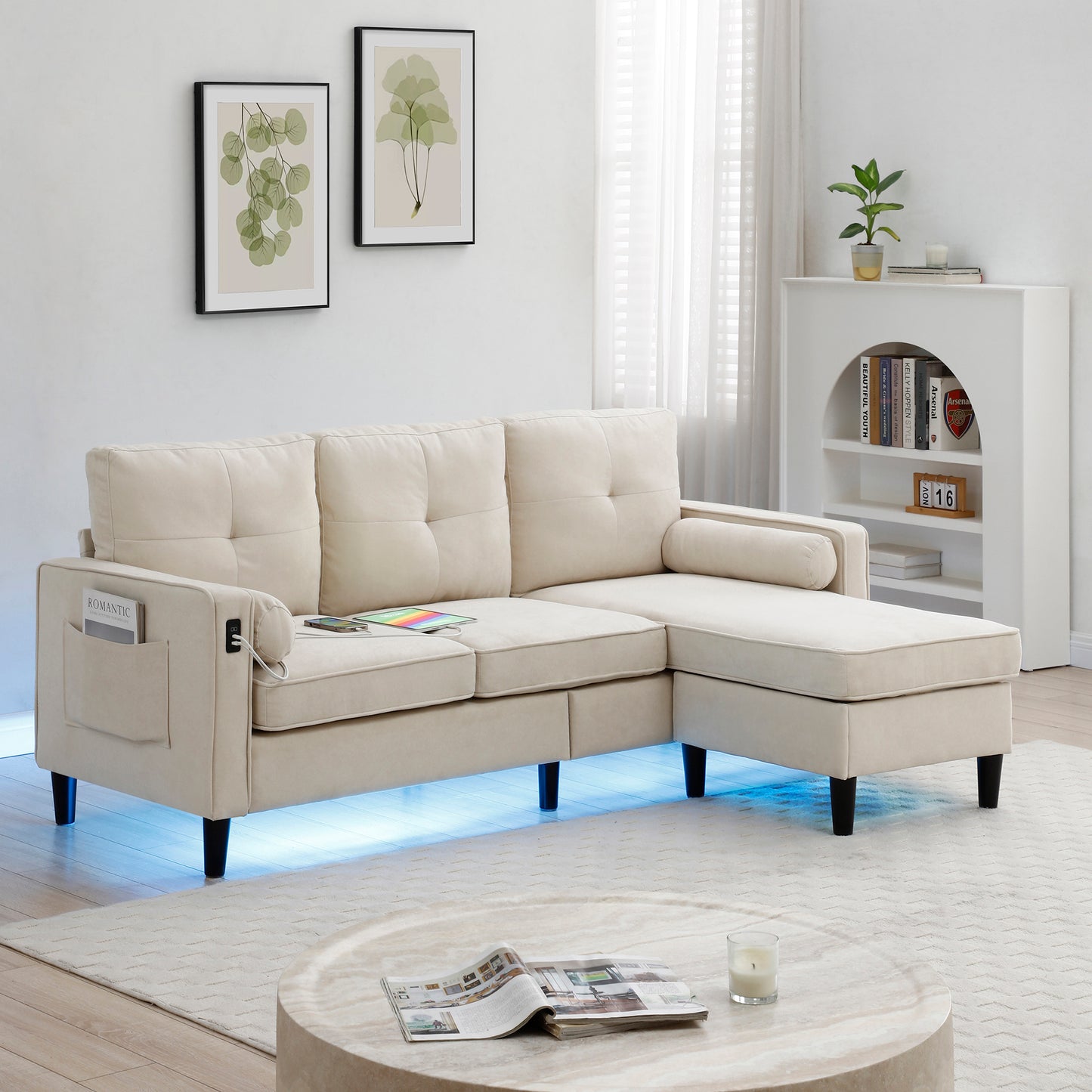 75.2"Sectional So fa Couch with 2 Side Pockets, Modern Sofa with 2USB Ports on the Armrest, Power Sofa  with LED Lights,ottoman with storage