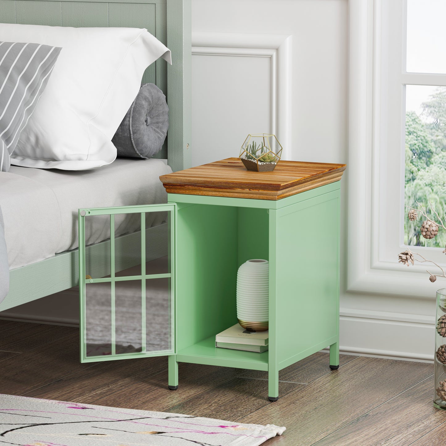 Nightstand with Storage Cabinet & Solid Wood Tabletop, Bedside Table, Green