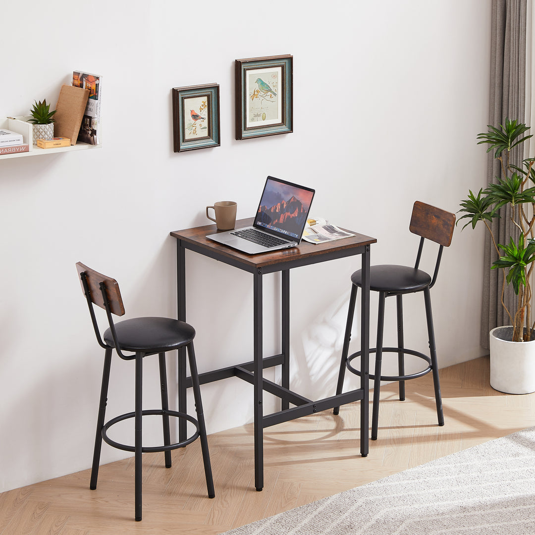 Bar Table Set with 2 Bar stools PU Soft seat with backrest, Rustic Brown