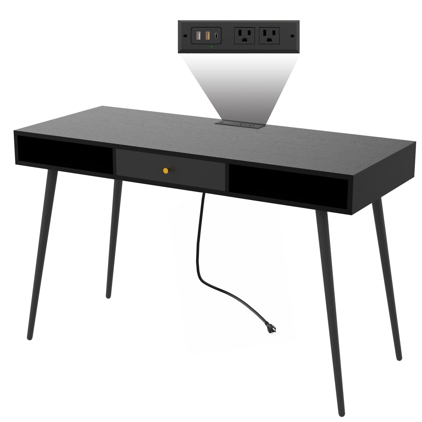 Mid Century Desk with USB Ports and Power Outlet,  Black