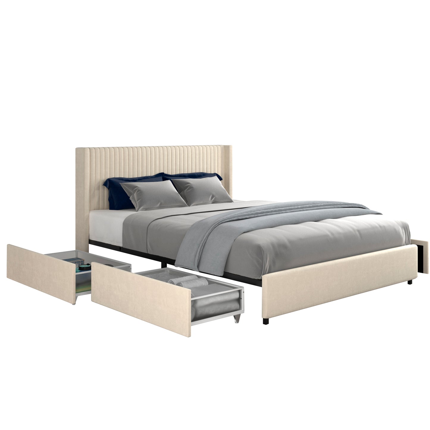 Queen Size Ivory Velvet Upholstered Wingback Platform Bed with Patented 4 Drawers Storage No Box Spring Needed