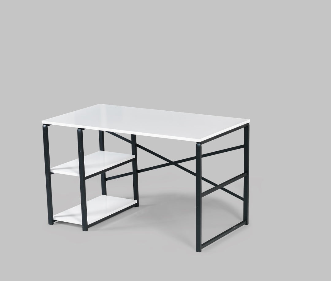 Store Sage Black Metal Frame 47" Wooden Top 2 Shelves Writing and Computer Desk for Home Office, White