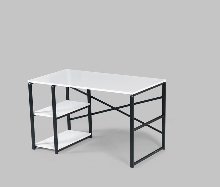 Store Sage Black Metal Frame 47" Wooden Top 2 Shelves Writing and Computer Desk for Home Office, White