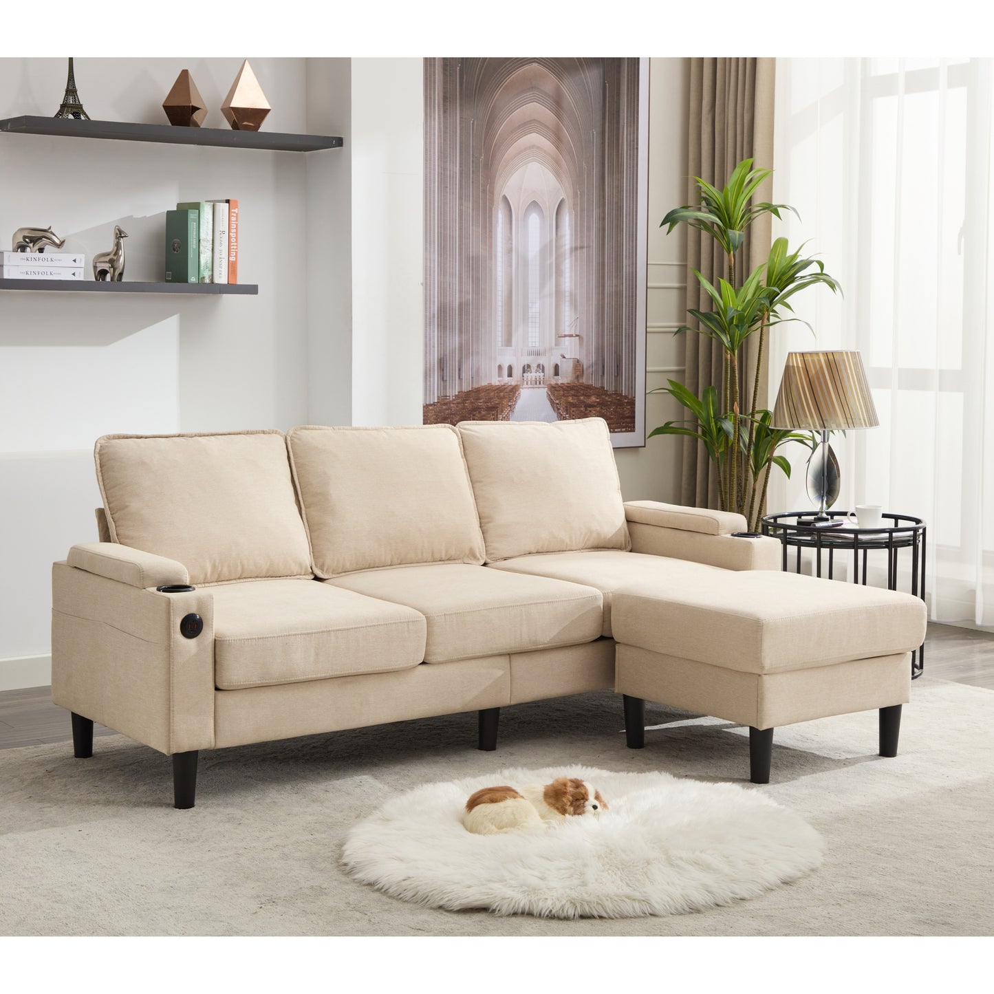 beige color knock down 3-seat combo sofa with storage ottoman