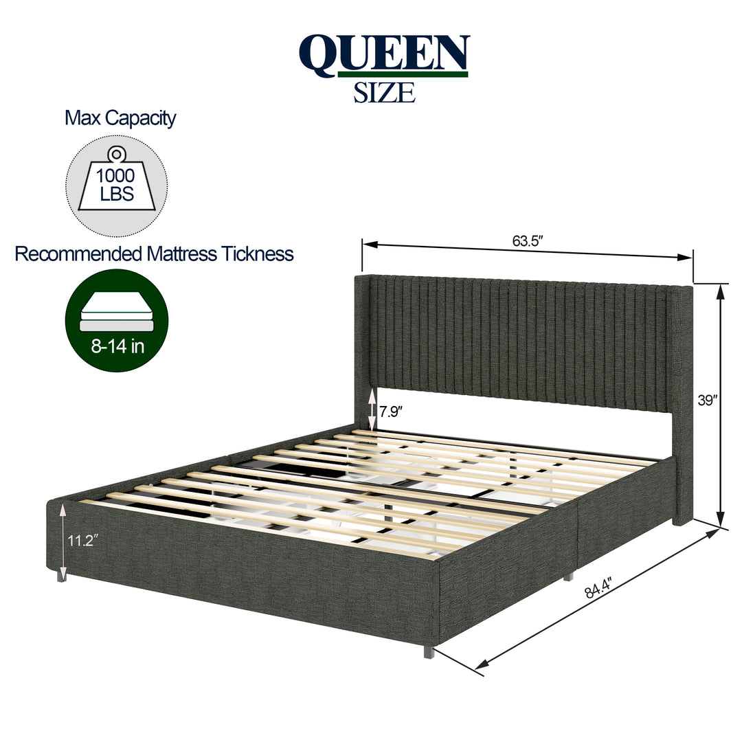 Queen Size Gray Linen Upholstered Wingback Platform Bed with Patented 4 Drawers Storage No Box Spring Needed