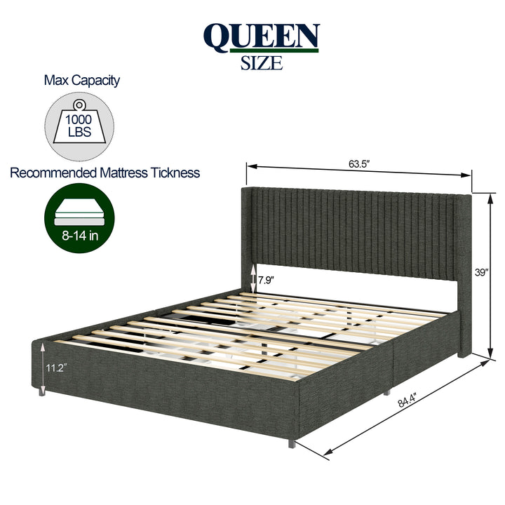 Queen Size Gray Linen Upholstered Wingback Platform Bed with Patented 4 Drawers Storage No Box Spring Needed