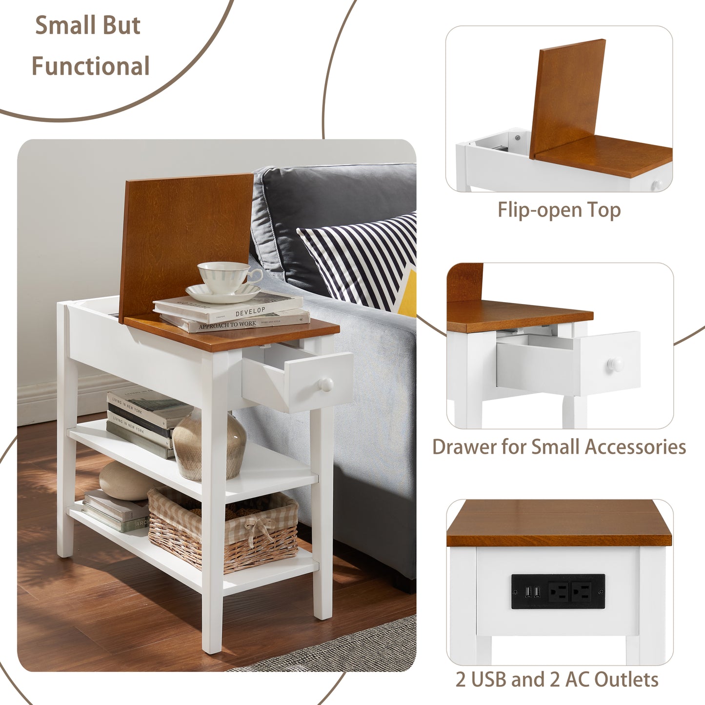 Narrow 2-tone End Table with USB Charging Ports for Small Space