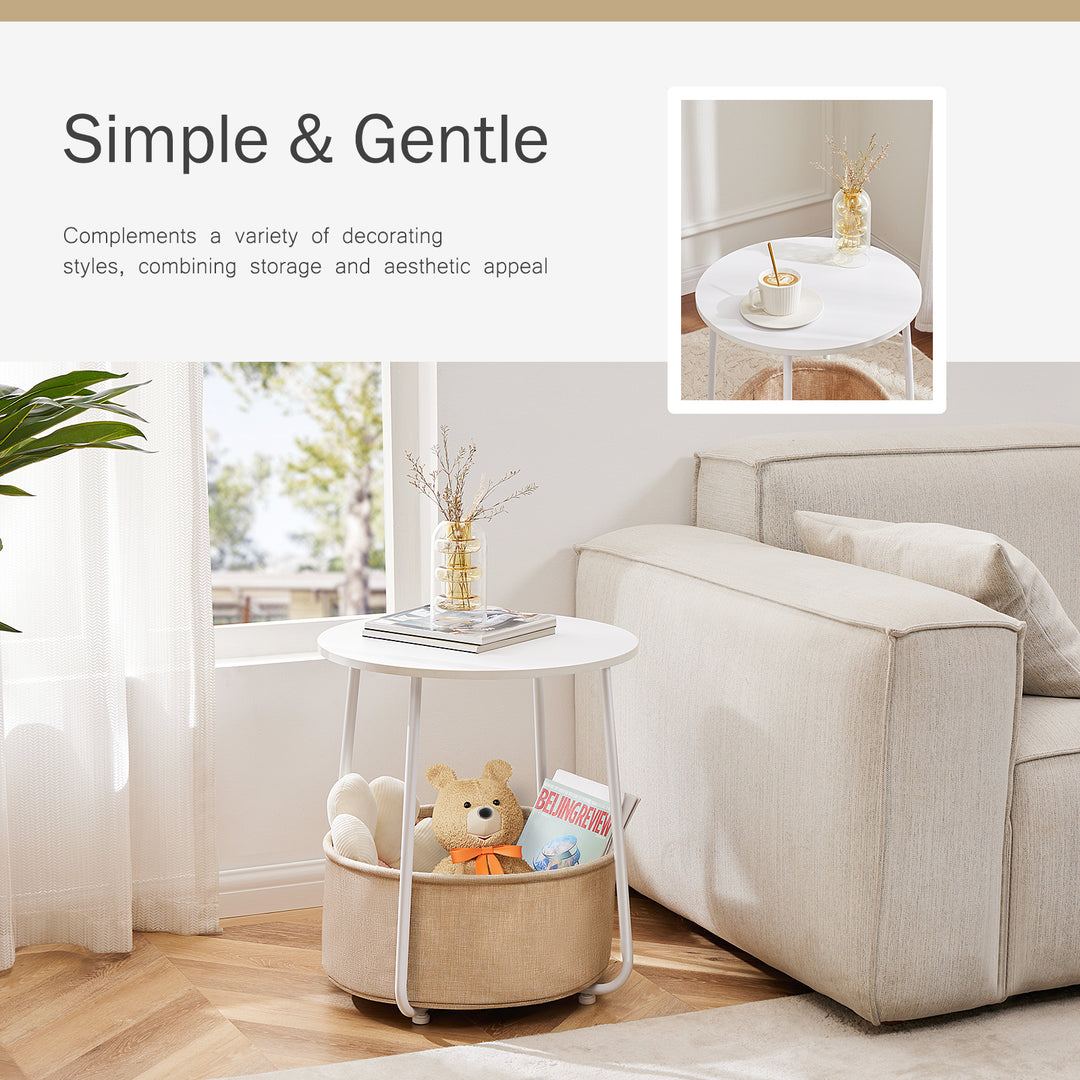 Small Round Side End Table for Living Room - White& Beige