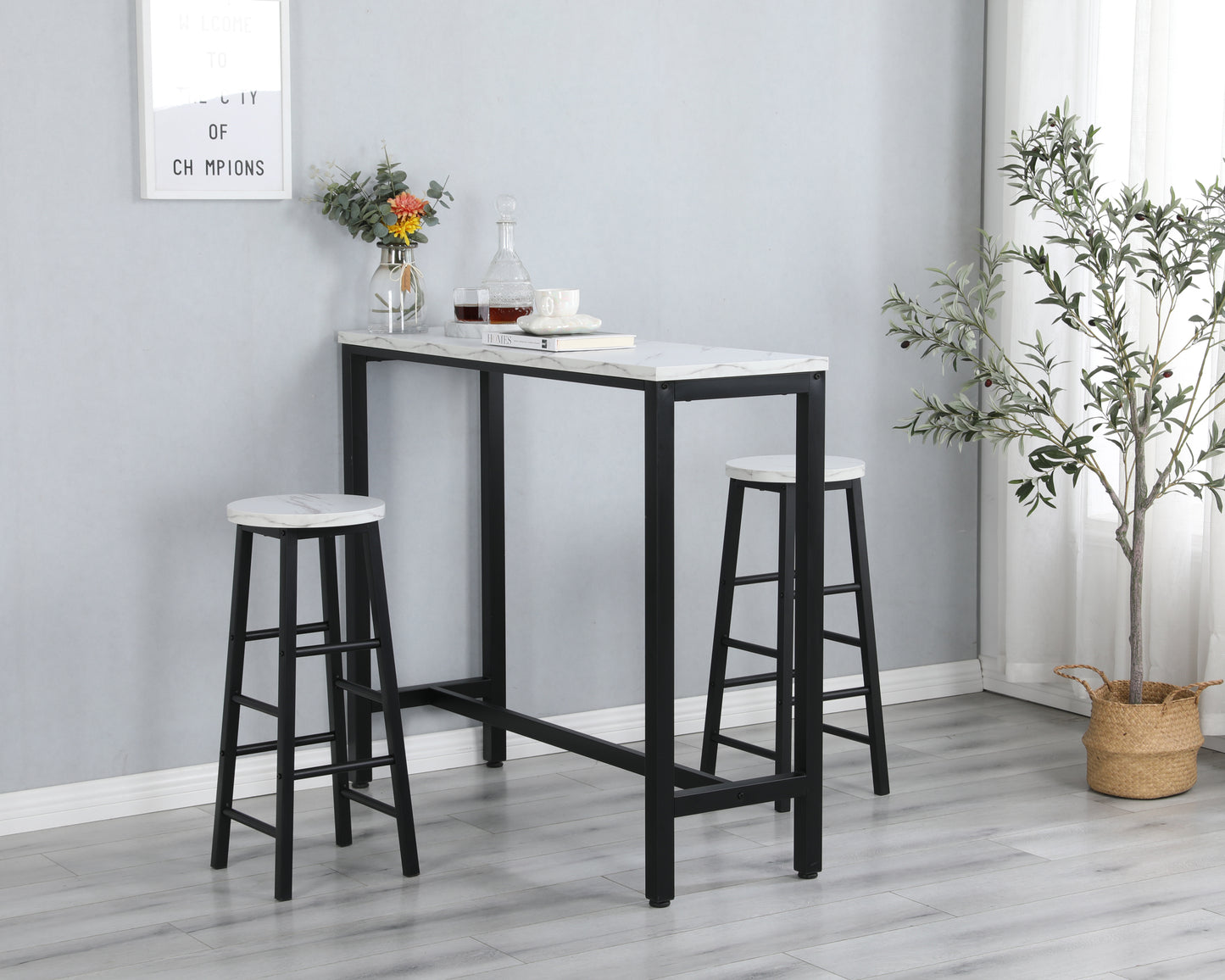 Black Table Top Bar Table with 2 Bar Chairs, Kitchen Counter with Bar Chairs,Breakfast Bar Table Sets, for Home,Kitchen, Office