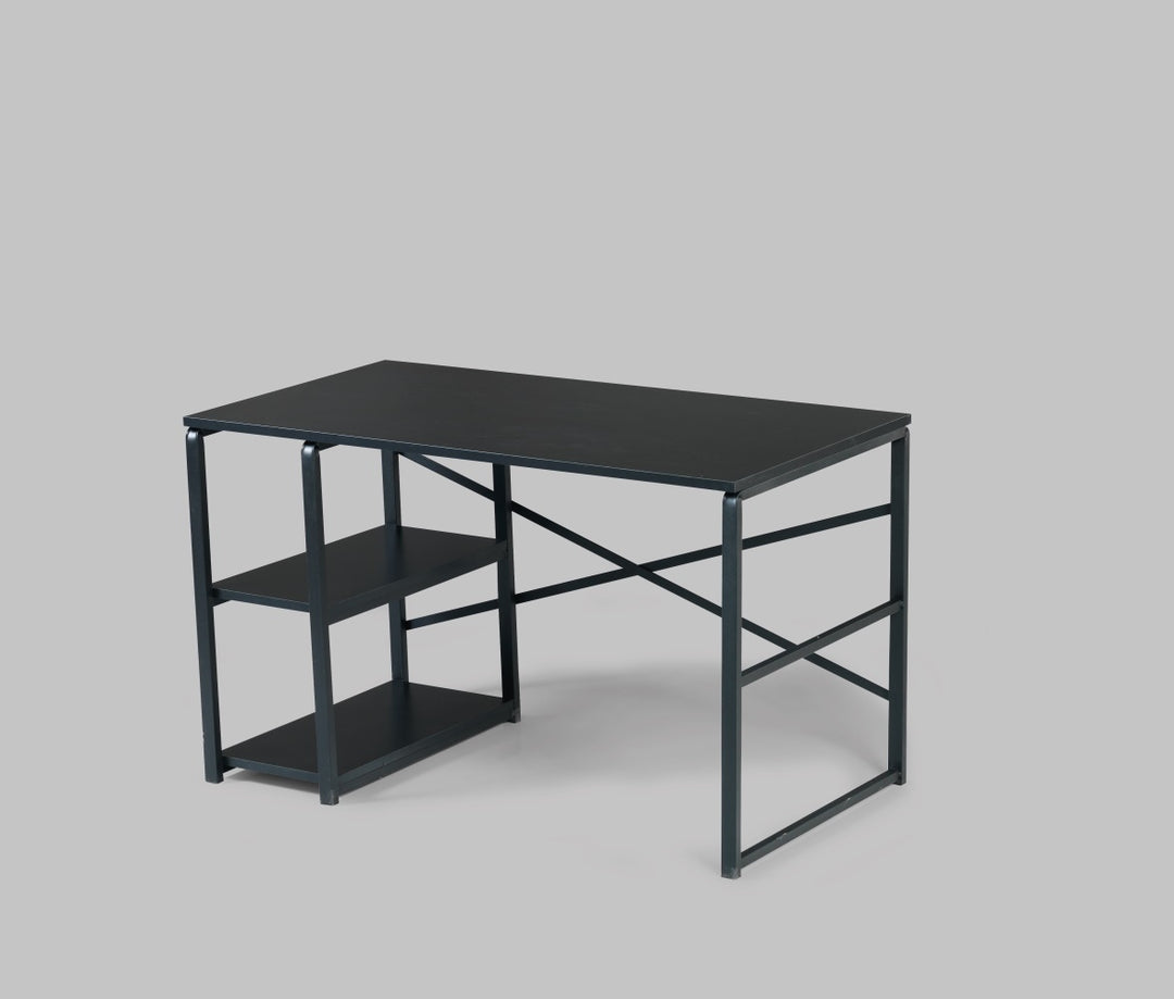 Black Metal Frame 47" Wooden Top 2 Shelves Writing and Computer Desk for Home Office, Black