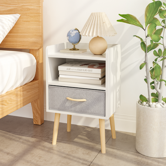 Nightstand With Collapsible Fabric Drawer, 2-Tier Storage End Table - White