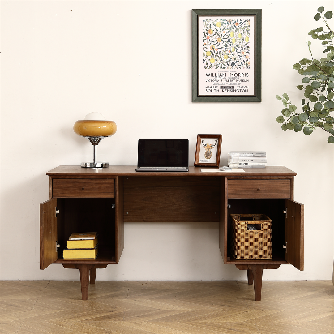 Black Walnut Desk with Natural Rattan Net -  57.09 inch