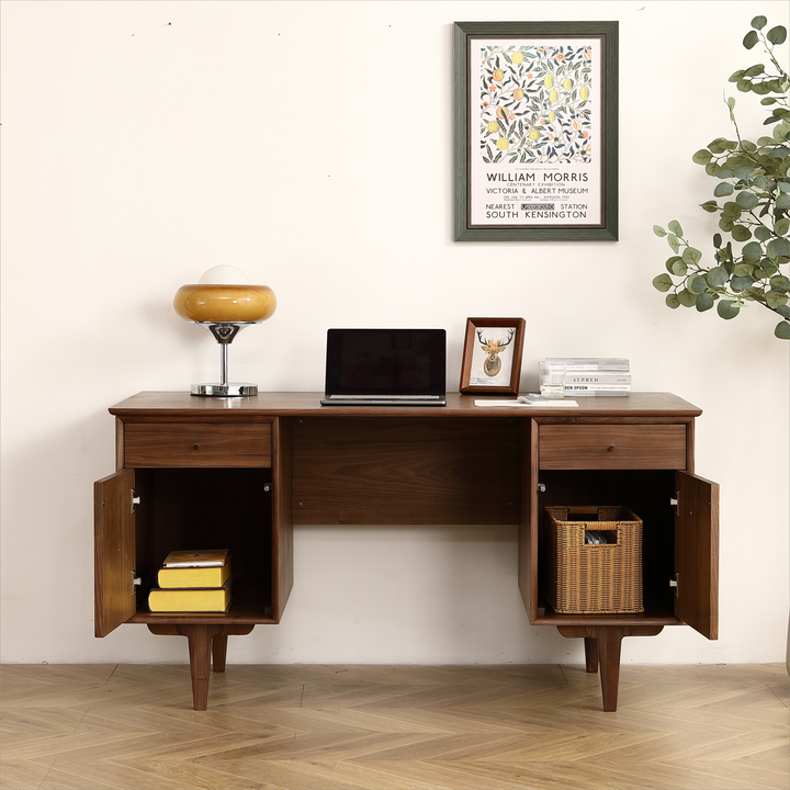 Black Walnut Desk with Natural Rattan Net -  57.09 inch