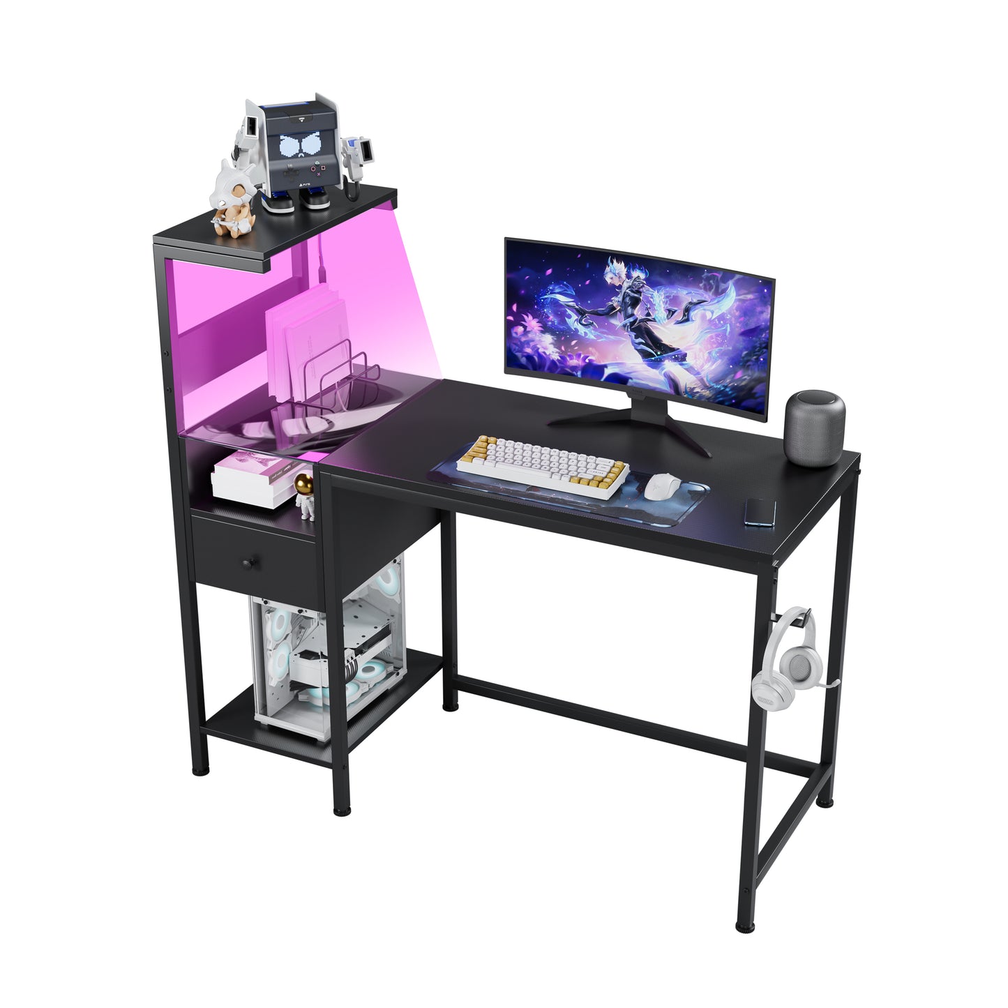 Computer Desk with Power Outlet & Storage Shelves with USB Ports Charging Station, Black