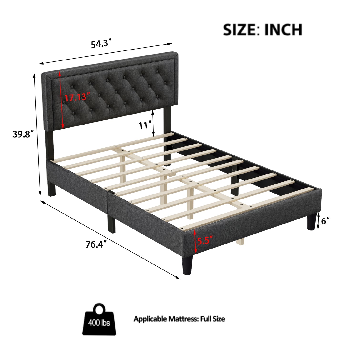 Full size Panel Bed Frame with Adjustable Button-Tufted Headboard for Bedroom/Linen Upholstered/Wood Slat Support/Easy Assembly,Dark Grey