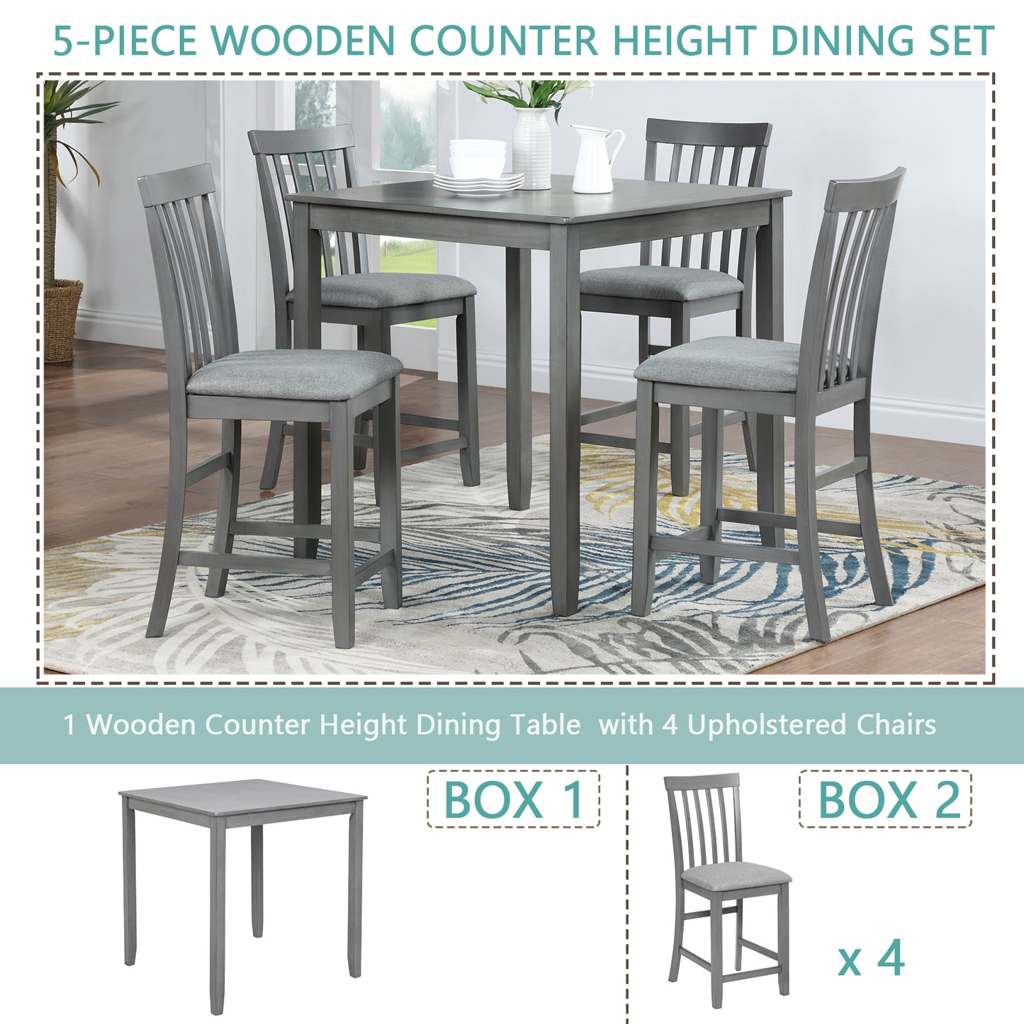 5 Piece Dining Table Set, Wooden Dining Square Table Set for 4