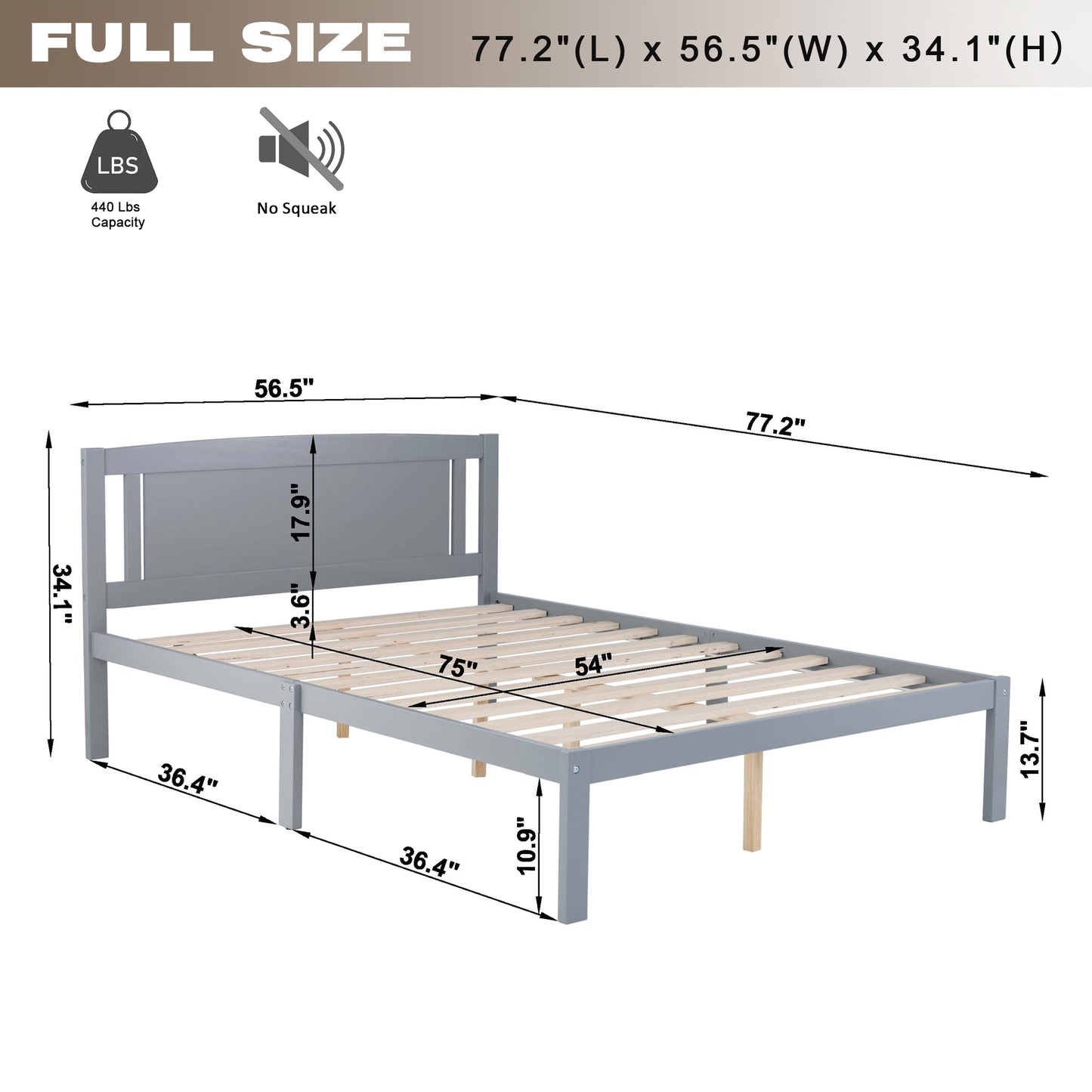 Full Bed Frame, Wood Platform Bed with Headboard No Box Spring Needed, Gray