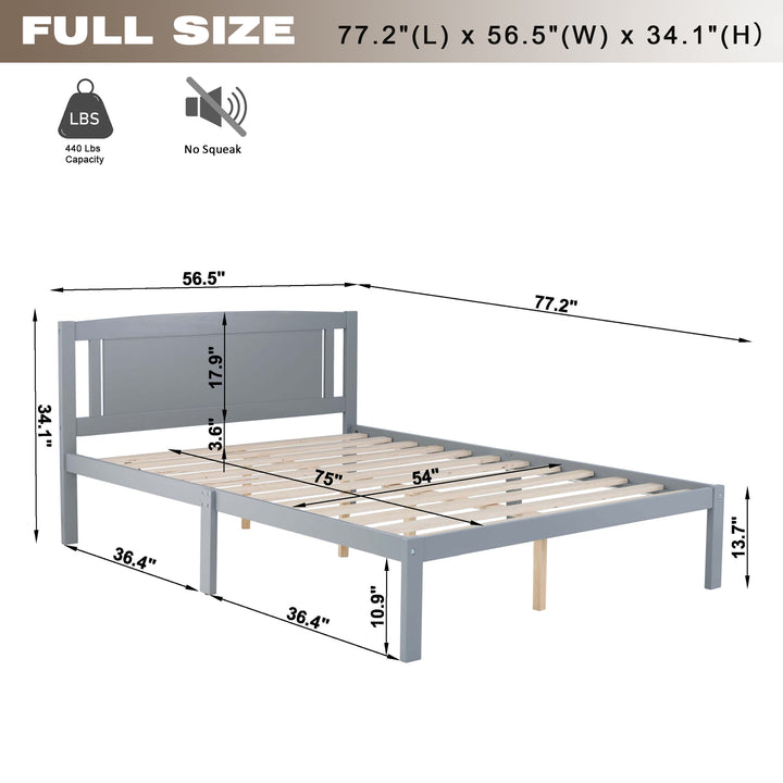 Full Bed Frame, Wood Platform Bed with Headboard No Box Spring Needed, Gray