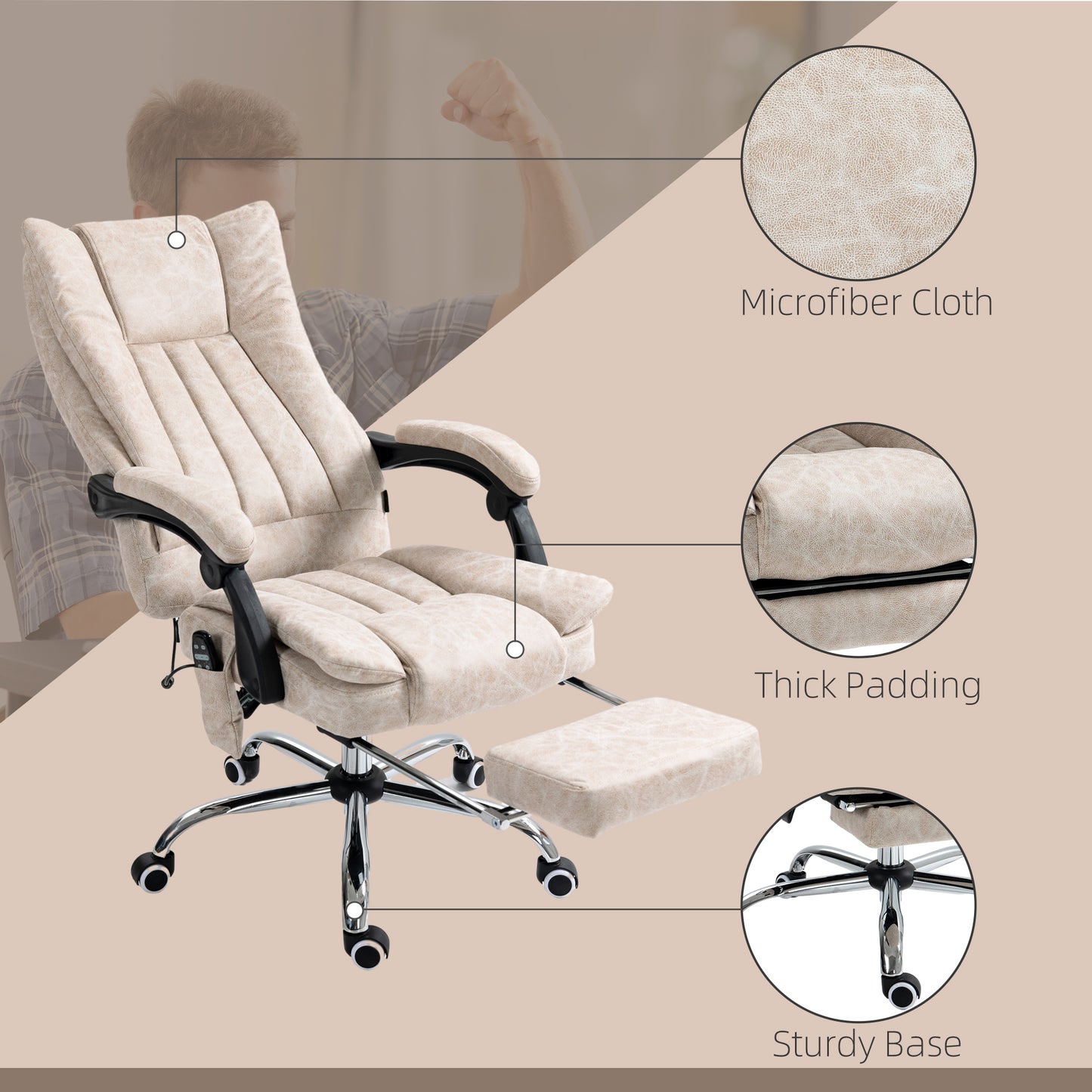 Office Chair, High Back Computer Chair with 6 Point Massage, Heat, Adjustable Height and Retractable Footrest, Cream White