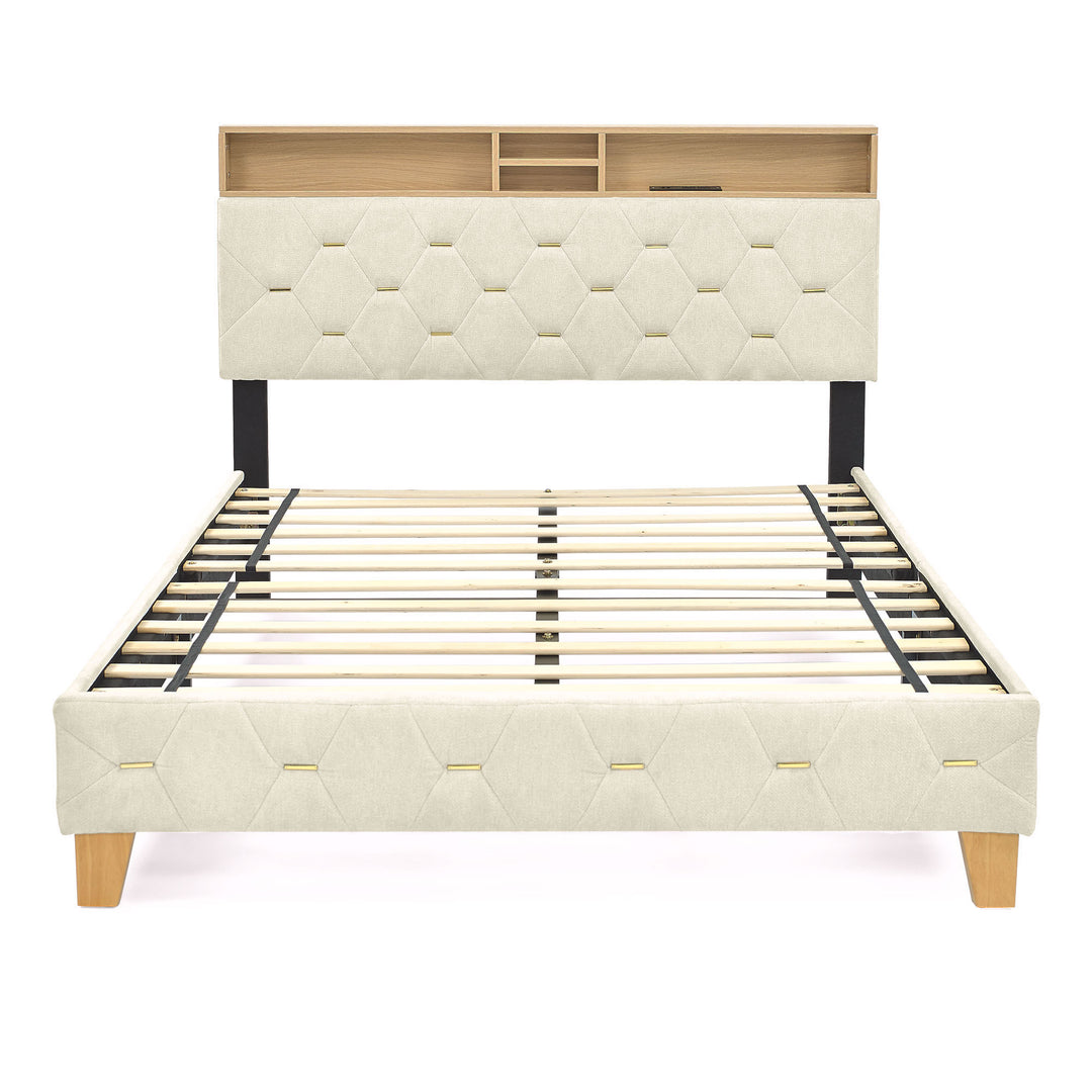Queen Size Bed Frame, Shelf Upholstered Headboard, Platform Bed with Outlet & USB Ports Beige