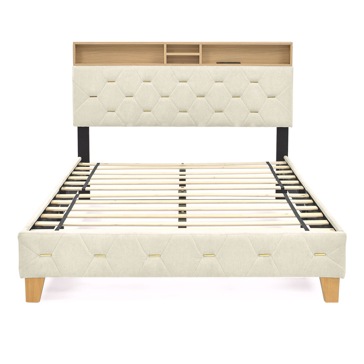 Queen Size Bed Frame, Shelf Upholstered Headboard, Platform Bed with Outlet & USB Ports Beige