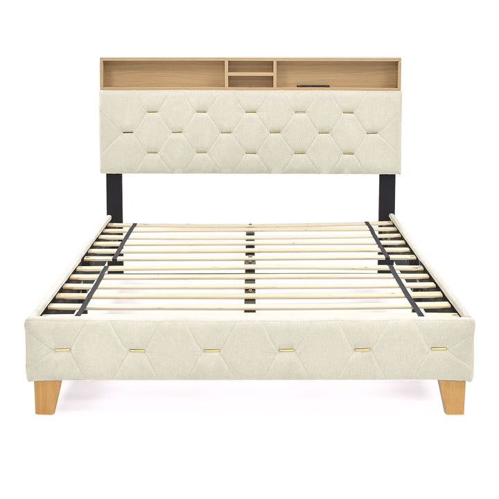 Queen Size Bed Frame, Shelf Upholstered Headboard, Platform Bed with Outlet & USB Ports Beige