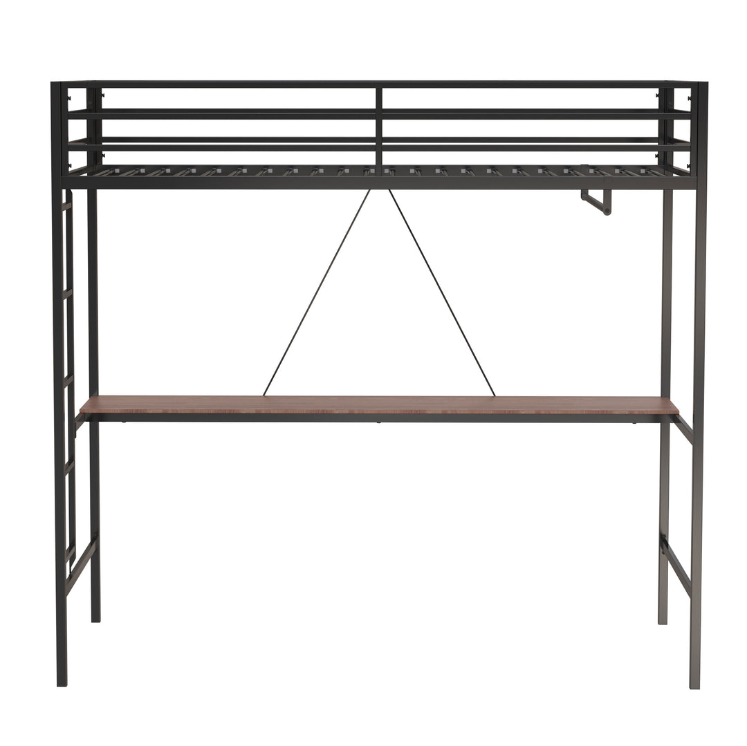 Twin Loft Bunk Black with Cinnamon Wood Desk and Closet Rod