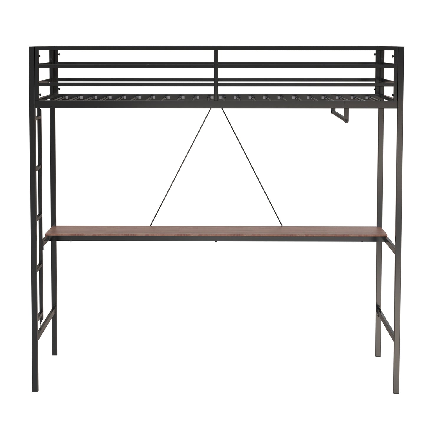 Twin Loft Bunk Black with Cinnamon Wood Desk and Closet Rod