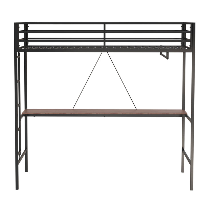 Twin Loft Bunk Black with Cinnamon Wood Desk and Closet Rod