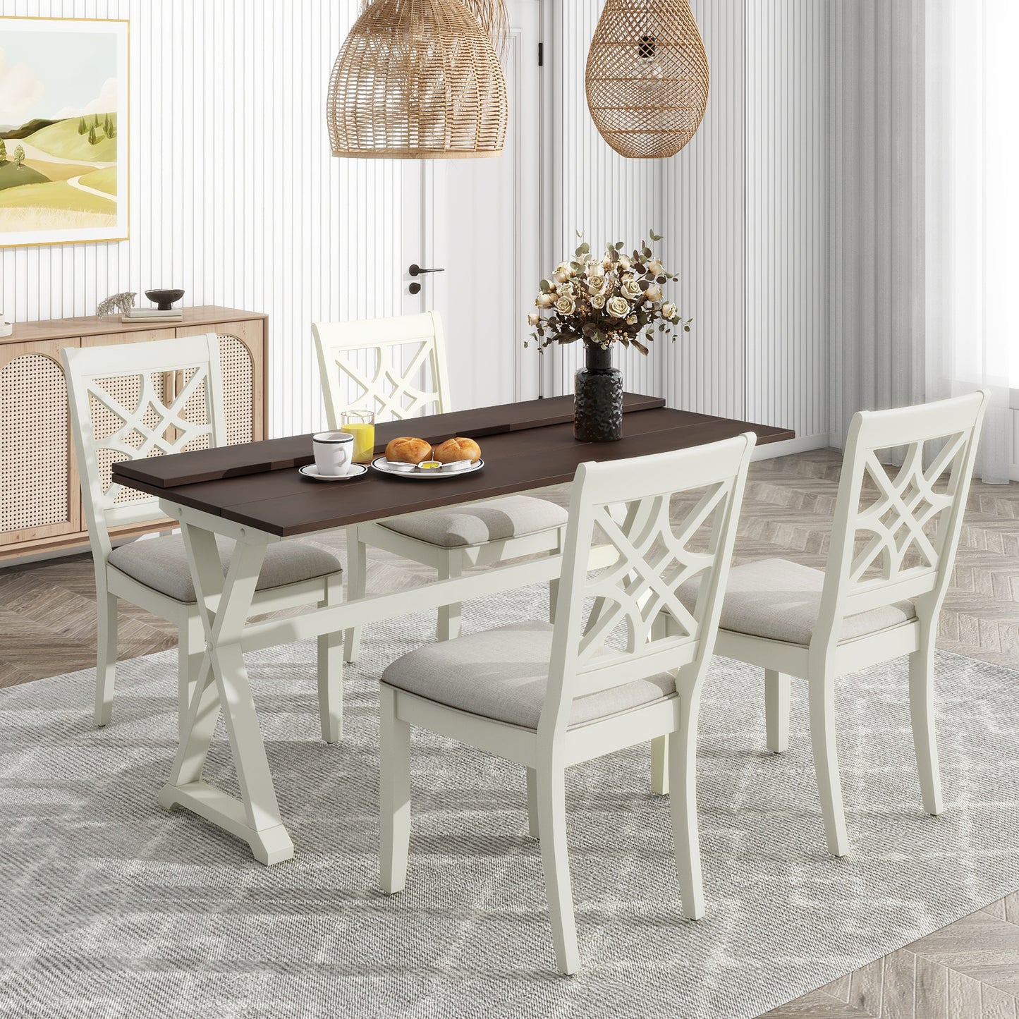 5-Piece 62*35.2inch Extendable Rubber Wood Dining Table Set with X-shape