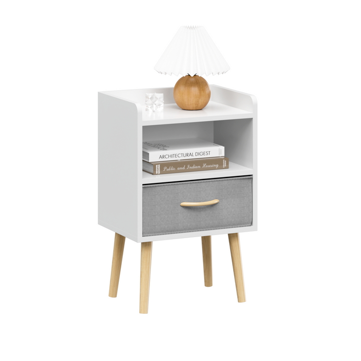 Nightstand With Collapsible Fabric Drawer, 2-Tier Storage End Table - White