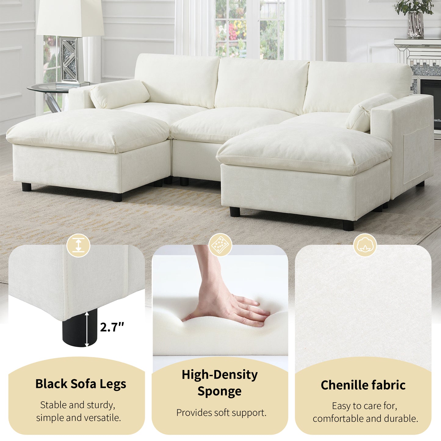 86.5''Chenille Sectional Sofa with Storage Pockets, 5 Seat U Shaped Sleeper Couch Set,2 PIC Free Combination