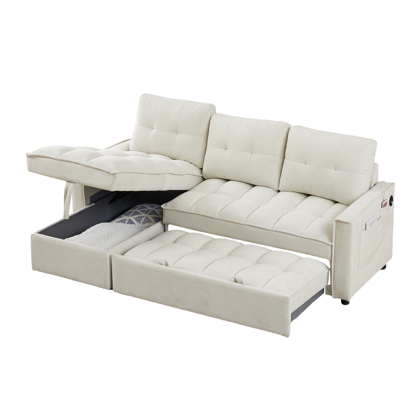 78.75" Reclining Sofa, Pull-Out Sofa Bed with USB and tape-c charging ports, L-Shaped Sectional Sofa with Reclining Storage and Arm Side Organizer Pocket Features