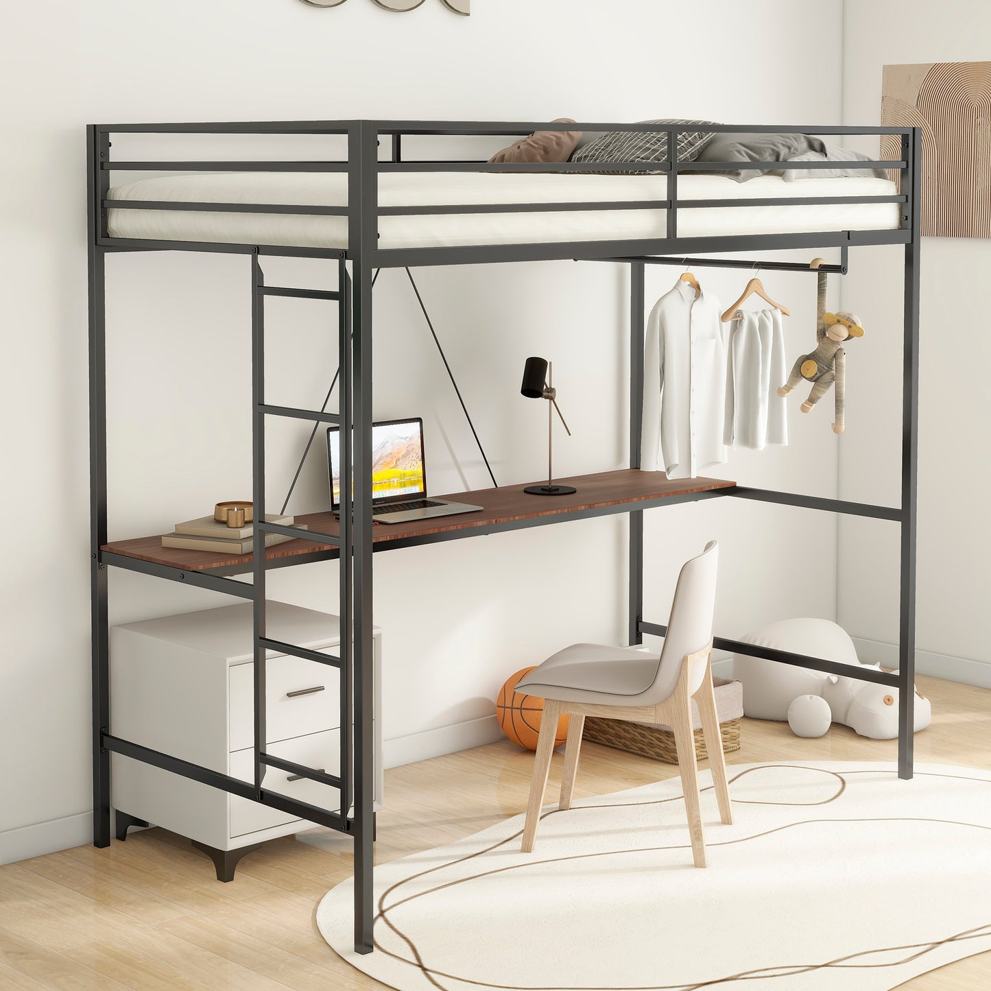 Twin Loft Bunk Black with Cinnamon Wood Desk and Closet Rod