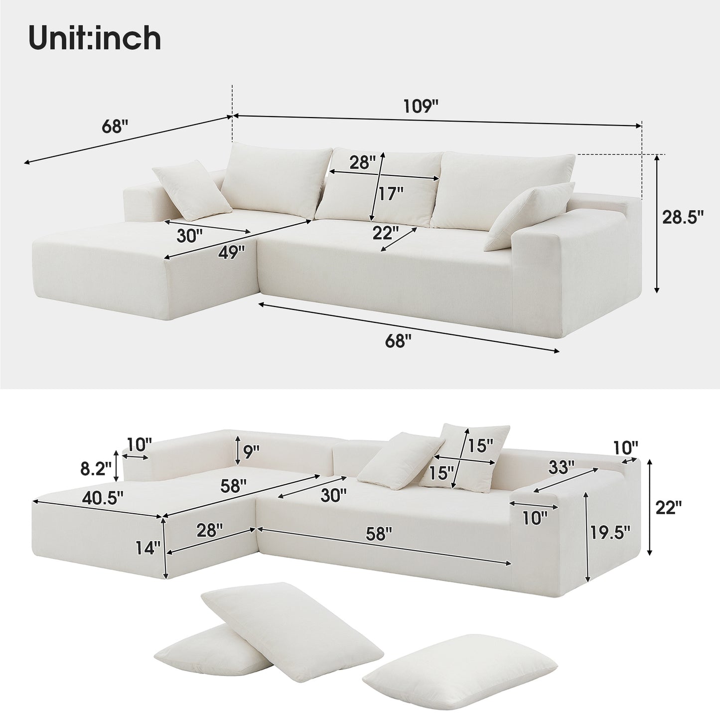 109*68" Sectional Living Room Sofa Set, L-Shape, Cream