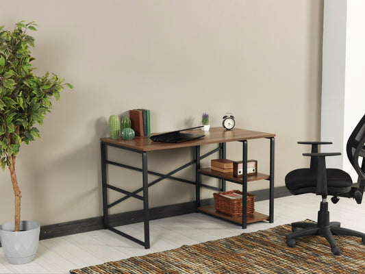 Store Sage Black Metal Frame 47" Wooden Top 2 Shelves Writing and Computer Desk for Home Office, Walnut