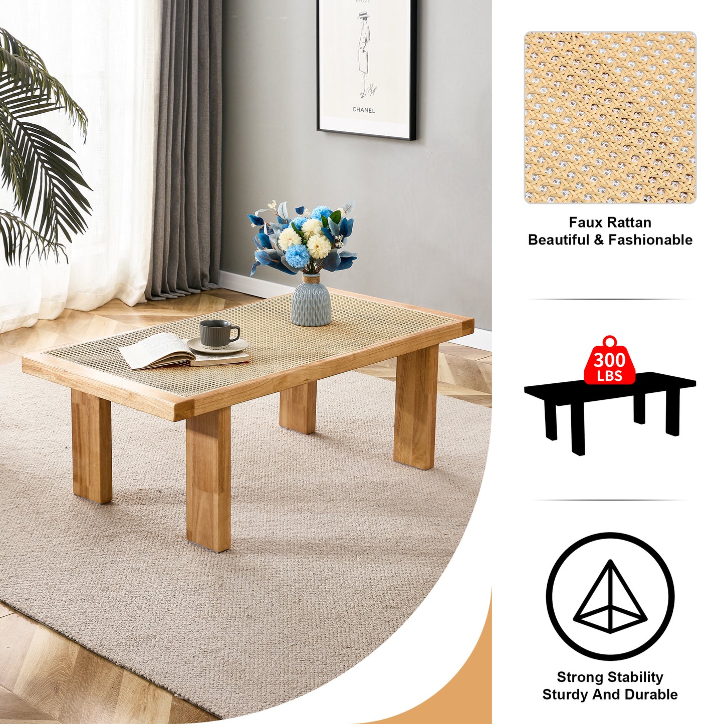 Modern and minimalist rectangular rattan tabletop with rubber wooden leg