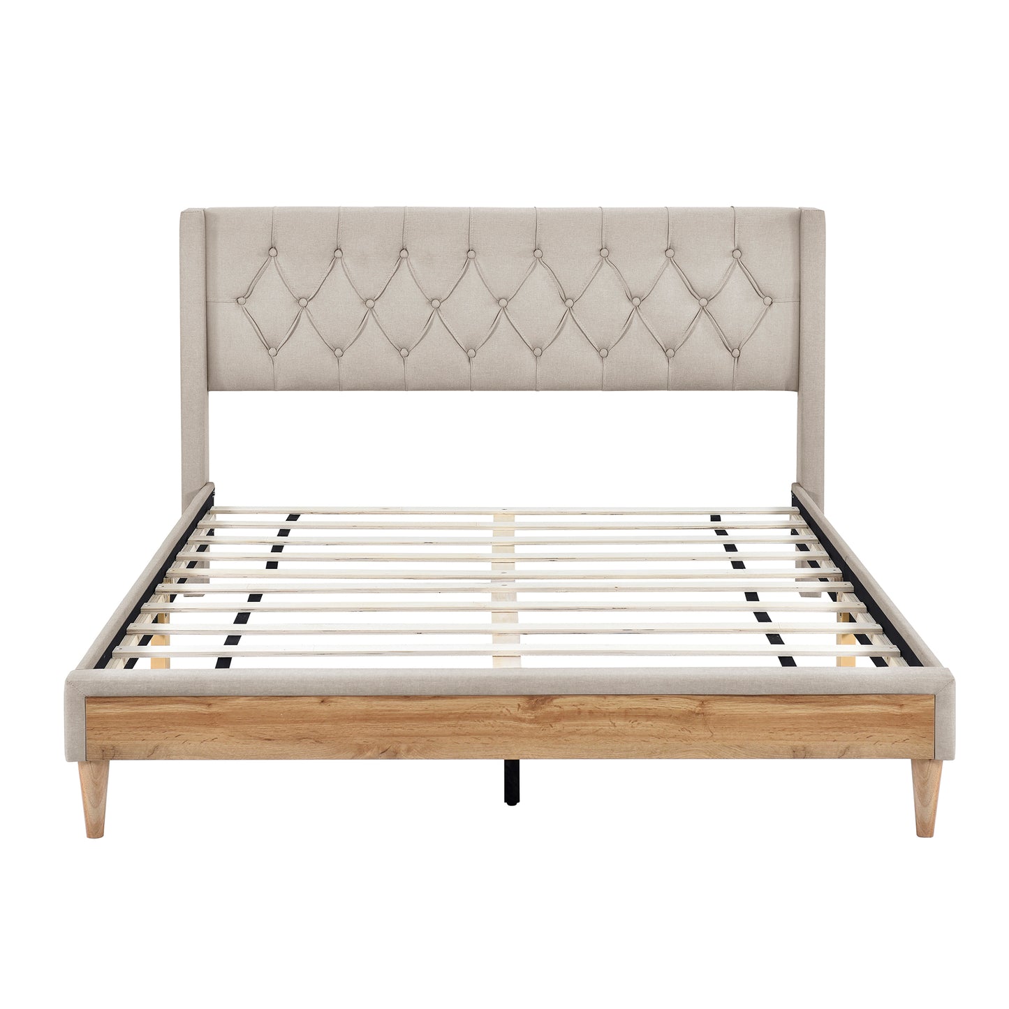 Platform Bed with Rubber Wood Legs,No Box Spring Needed-Beige