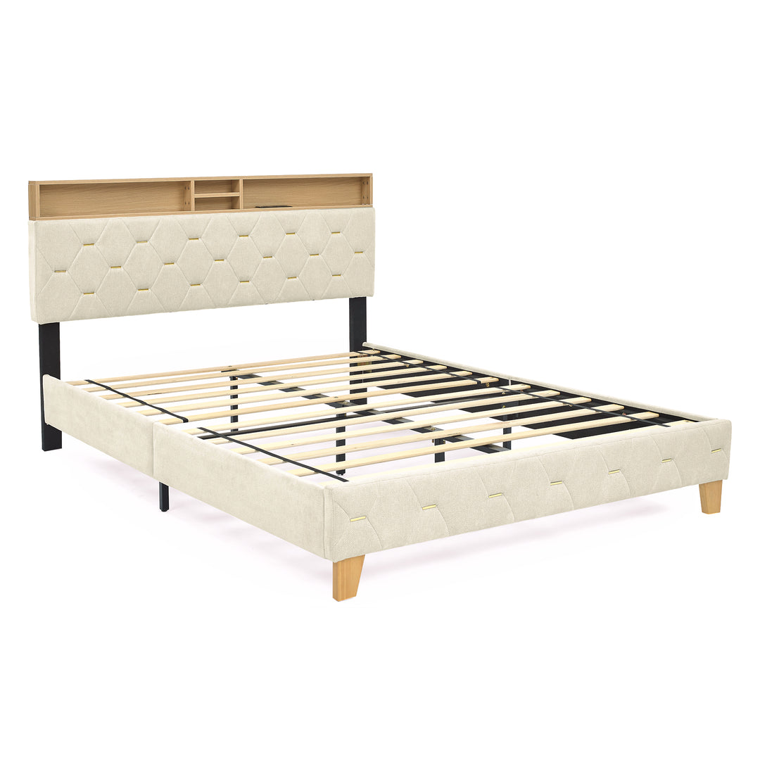 Queen Size Bed Frame, Shelf Upholstered Headboard, Platform Bed with Outlet & USB Ports Beige