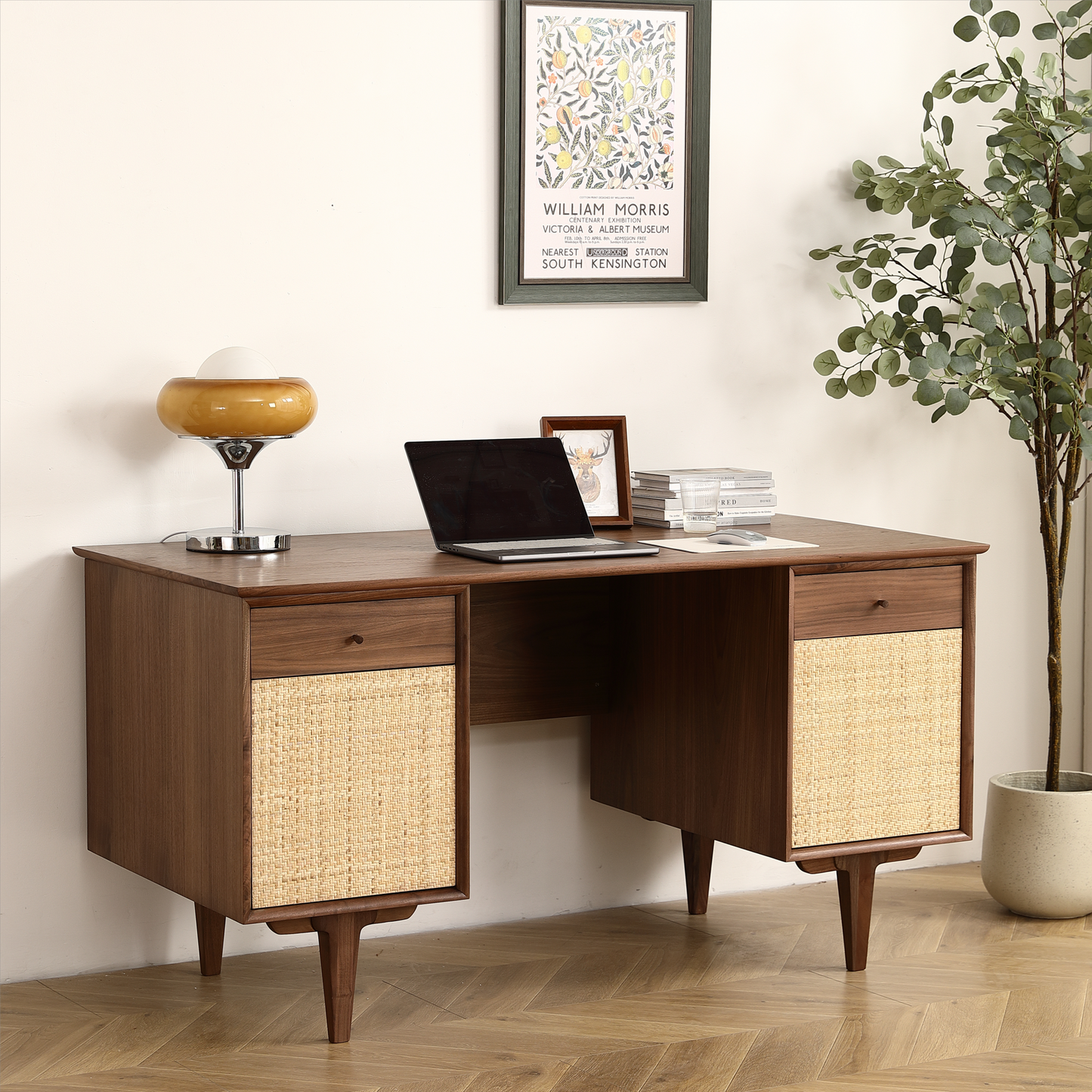 Black Walnut Desk with Natural Rattan Net -  57.09 inch